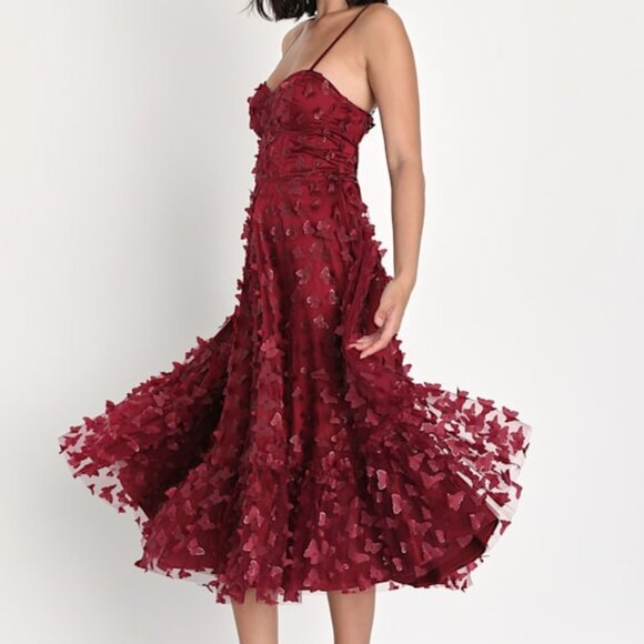 Lulus Time To Fly Burgundy Butterfly Lace-up Midi Dress Red - Size S - Picture 1 of 3